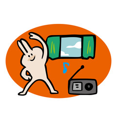 室内でラジオ体操をするうさぎ