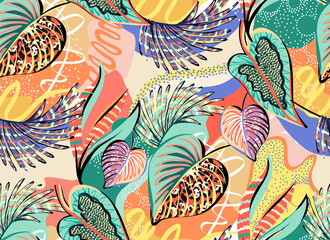 Muster einer tropischen Grafik, mit mehrfarbigen handgezeichneten Elementen und lustigem Hintergrund