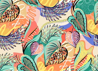Fototapete Farbenfroh Muster einer tropischen Grafik, mit mehrfarbigen handgezeichneten Elementen und lustigem Hintergrund