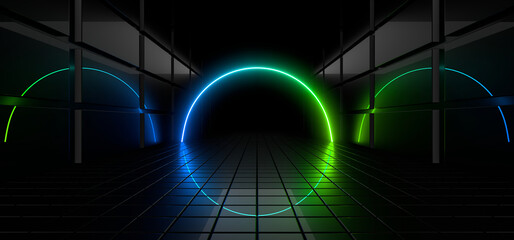 Sci Fy neon lamps in a dark corridor. Reflections on the floor and walls. 3d rendering image.