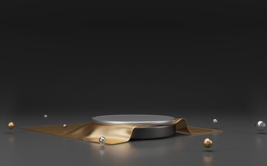Empty black podium covered with gold cloth. for cosmetic product display showcase 3d render.