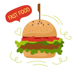 Fast food burger takeaway color cartoon set. Hand drawn glyph hamburger icon, sign speech bubble. Hipster card menu delicious fast food. Cheeseburger tasty unhealthy lunch. Vector illustration