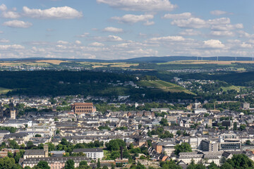 Fototapeta na wymiar Aerial view of Trier on beautiful summer day with blue sky and clouds with Constantine Basilica, Germany