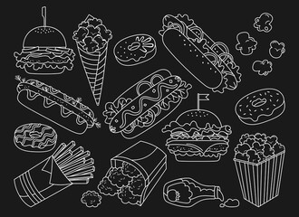 Fast food hand drawn doodle set. Donut hot dog, hamburger, potato, nuggets ketchup and popcorn collection icons. Cheeseburger, beverage. Vector black background decoration elements for cafe, menu, bar