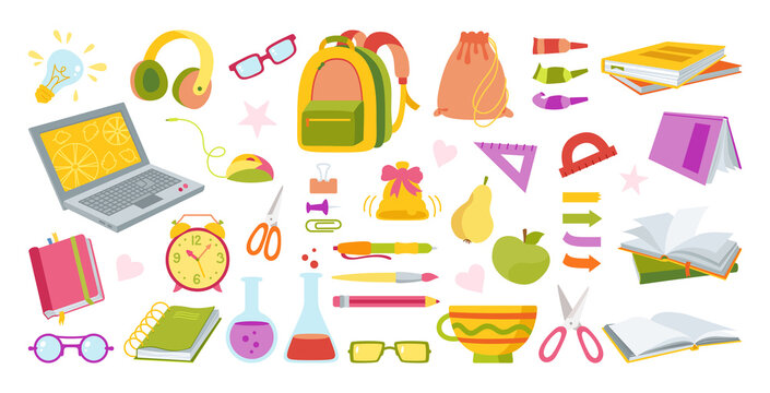 Back to School hand drawn cartoon set. Learning school colorful flat collection. First day school, Education concept icon kit. Sketchbook, scissors, laptop, glasses and book backpack, paints vector