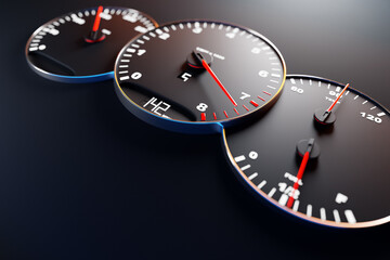 3D illustration close up black car panel, digital bright tachometer, Speedometer shows 142 km h. Speedometer  arrow shows maximum speed