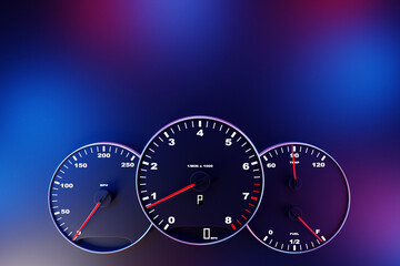 Fototapeta premium 3D illustration of the dashboard of the car is illuminated by bright illumination. Circle speedometer, tachometer under blue neon color