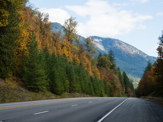 U.S. Route 2 Highway in autumn (part ot Cascade Loop Scenic Drive) - Washington state, USA