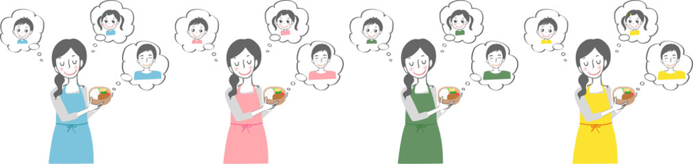 家族のお弁当を作るエプロン姿の女性。（4色）