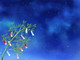 夜空と短冊が揺れる笹（ヨコ）