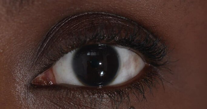 detail of of the eye of a young black woman who opens it wide at the camera