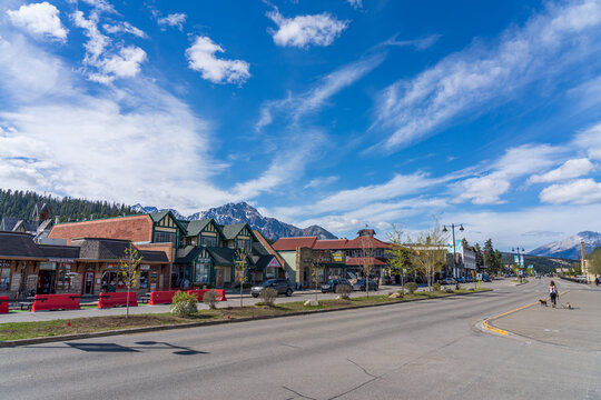Street view of Town Jasper in summer time season during covid-19 pandemic period. Jasper, Alberta, Canada.