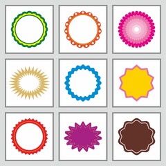 Set of vector starburst, sunburst badges. Simple flat style vintage labels, stickers, price tag, logo, shape