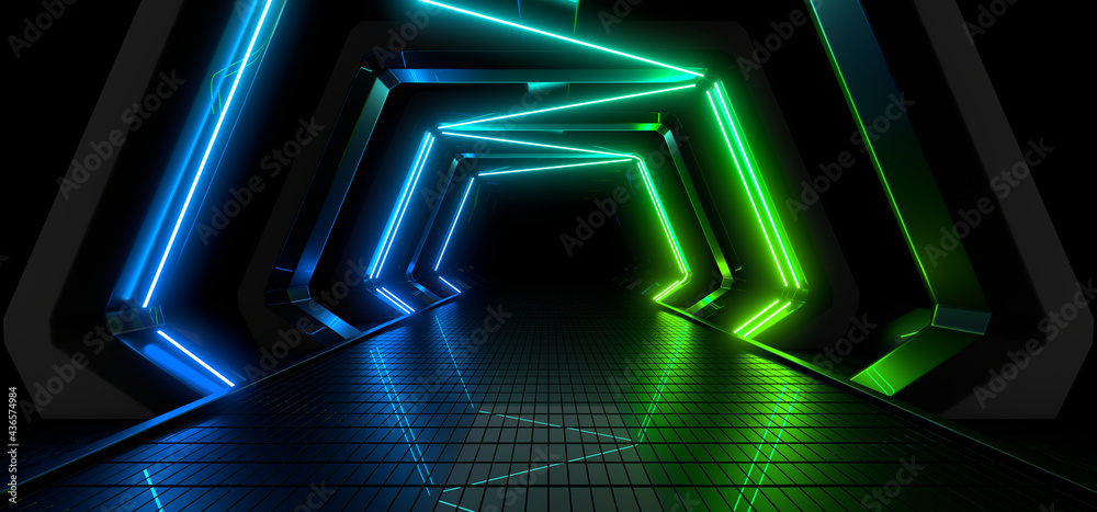 Fototapete Sci Fy neon lamps in a dark corridor. Reflections on the floor and walls. 3d rendering image.