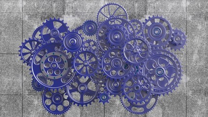 Mechanism blue metallic gears and cogs at work on green plate under spot light background. Industrial machinery. 3D illustration. 3D high quality rendering. 3D CG.
