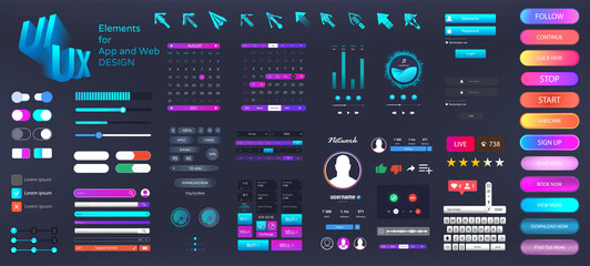 Modern set elements interface for Web and App. UI, UX, Kit design elements. Universal user interface set with neon colors. Constructor Web, UI design (buttons, search bars, panels and other) Vector