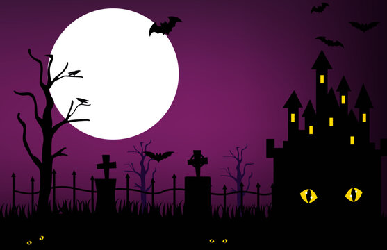 halloween night background. Halloween background with scary pumpkins, Dracula's castle and various silhouettes of flying bats against the full moon