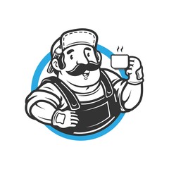 a worker man holding coffee and a pencil on the ear. logo illustration
