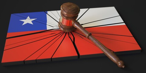 Broken block with flag of Chile and judge's gavel. Conceptual 3d rendering