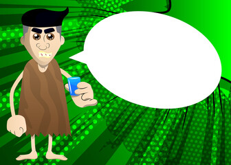 Cartoon prehistoric man drinking brandy. Vector illustration of a man from the stone age