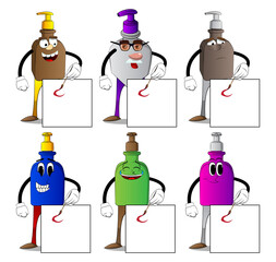 Cartoon bottle of hand sanitizer gel for hygiene with face as an artist painting.