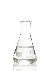 Erlenmeyer flask glassware with water and reflection isolated on white background