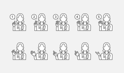 シンプルな線画で描かれた、医師の女性がハンドサインをしているアイコンセット