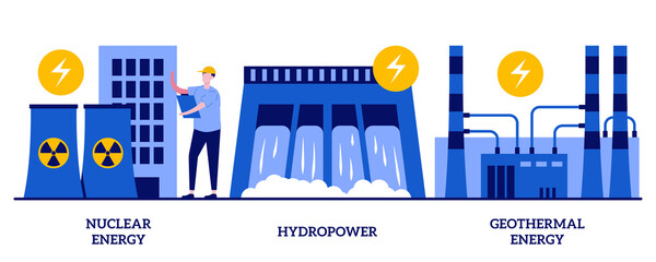Nuclear power plant, hydropower, geothermal energy concept with tiny people. Energy sources abstract vector illustration set. Generate electricity, dam turbine, power plants, heat pump metaphor