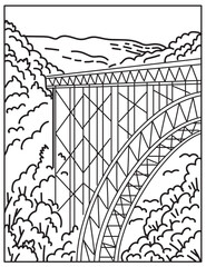 Mono line illustration of the New River Gorge National Park and Preserve in southern West Virginia in the Appalachian Mountains, United States done in retro black and white monoline line art style.