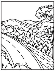 Mono line illustration of the Skyline Drive of the Shenandoah National Park in the Blue Ridge Mountains of Virginia, United States done in retro black and white monoline line art style.