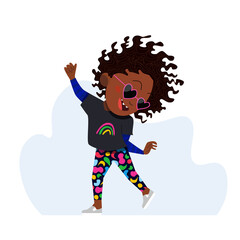 Happy dancing black girl vector character.
