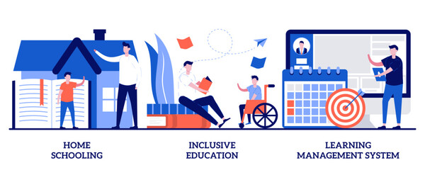 Homeschooling, inclusive education, learning management system concept with tiny people. Private schooling curriculum vector illustration set. Online tutor, individual plan, mobile device metaphor