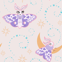Light colored cream nocturnal celestial vector seamless pattern with lavender moth butterflies, magic spells curves and stars. Perfect for girls childish textile design.