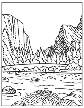 Mono line illustration of the Yosemite National Park located in Northern California, United States done in retro black and white monoline line art style.