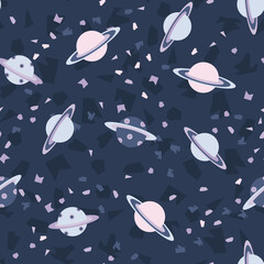 Ufo pattern with , asteroids, space. Seamless space background with stars, galaxy, universe and satellite, planets and meteors. For fabrics and textiles for baby, children, kid. Vector illustration. 