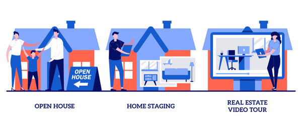 Open house, home staging, real estate video tour concept with tiny people. Home for sale vector illustration set. Floor plan, walk through, private residence, potential buyer, furniture metaphor
