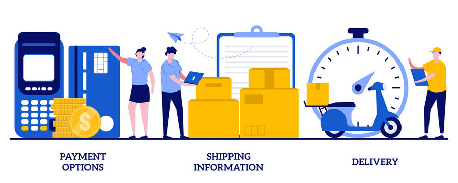 Payment options, shipping information, delivery concept with tiny people. Online shopping abstract vector illustration set. Internet store purchase e paying, order shipment metaphor