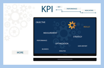 KPI dashboard (Key Performance Indicator). Business analytics, assessment and performance on the dashboard. Presentation web page with indicators of objective, optimization, strategy, result. Vector