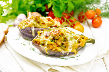 Eggplant stuffed smoked brisket in plate on wooden board