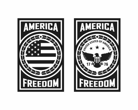 Set of black and white illustrations of an eagle, flag, laurel wreath, text on a white background. Vector illustration in vintage style for poster, print, sticker, label, emblem. Symbols of the USA.