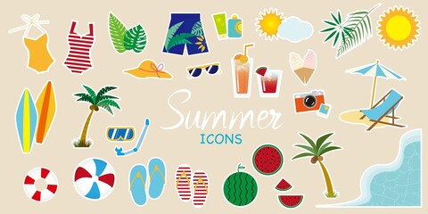 Set of summer vacation concept icons, Colorful summer icons collection. Summer illustration. Summer Beach, vacation, sea, swim wear, surfing, fruits, coconuts tree, sun, tropical, Vector illustration.