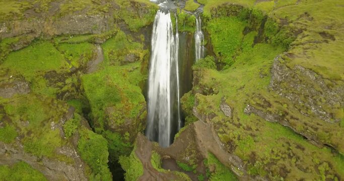 Aerial view over Gljufrabui waterfall, Iceland
drone view from Gljufrabui waterfall, February 2021
