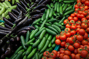 Close-up assortment of many fresh vegetables on supermarket counter