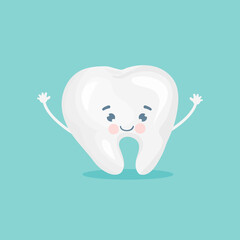 Happy cartoon tooth with smile isolated on blue background. Vector illustration for dentistry.