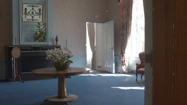 Camera moving past doorpost into beautiful castle room
