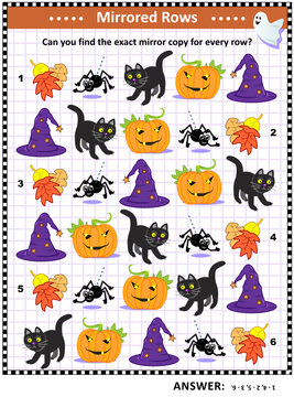 Halloween puzzle: Match the pairs - find the exact mirrored copy for every row of pumpkin, black cat, spider, autumn leaves, witch's hat. Answer included.
