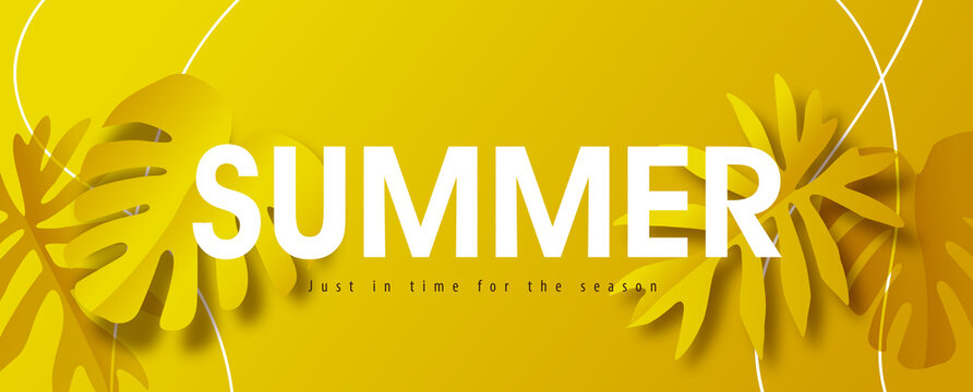 Yellow Summer Background Layout Banner Design With Tropical Leaves