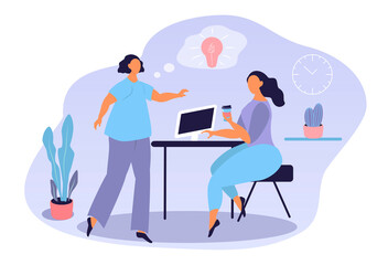 vector hand drawn illustration - a girl who has an idea and she shares it with a colleague in the office. trendy illustration in flat style for websites, magazines, applications
