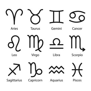 Set of 12 Zodiac signs with titles. The signs of Aries, Taurus, Gemini, Cancer, Leo, Virgo, Libra, Scorpio, Aquarius, Sagittarius, Capricorn, Pisces. Black vector illustration on white background