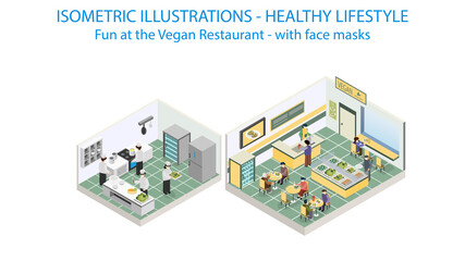 Vegan food restaurant isometric. Post covid with protective mask.